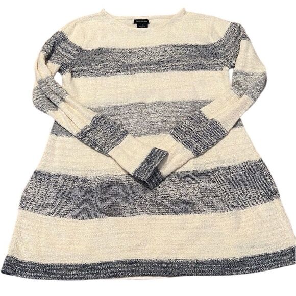 Calvin Klein jeans szS LS grey & white striped sweater sheer back panel EUC - Picture 1 of 7